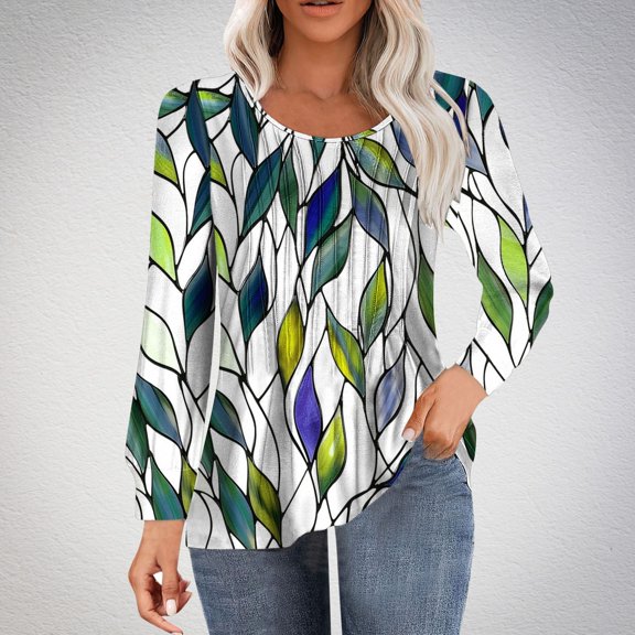 Royisotas Yellow Women Plus Size Tops Print Long Sleeve Casual Fall and Winter Women Blouses Plus Size Pleated Loose Fit Crew Neck T Shirts