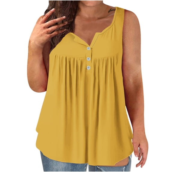 Royisotas Yellow Women Tank Tops Casual Sleeveless Summer Camisoles for Women Plus Solid Color V-Neck Pleated Button Cami Tops Plus Size