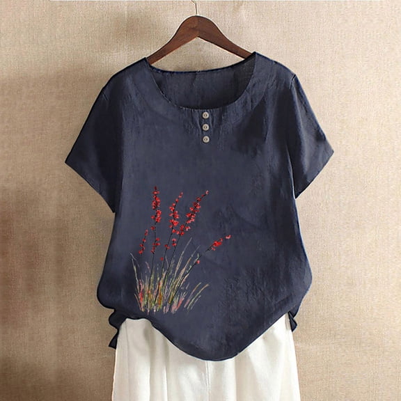 Royisotas Womens Plus Size Tops Short Sleeve Casual Summer Navy Womens Shirts Crew Neck Button Floral Gaphic Tshirt for Women
