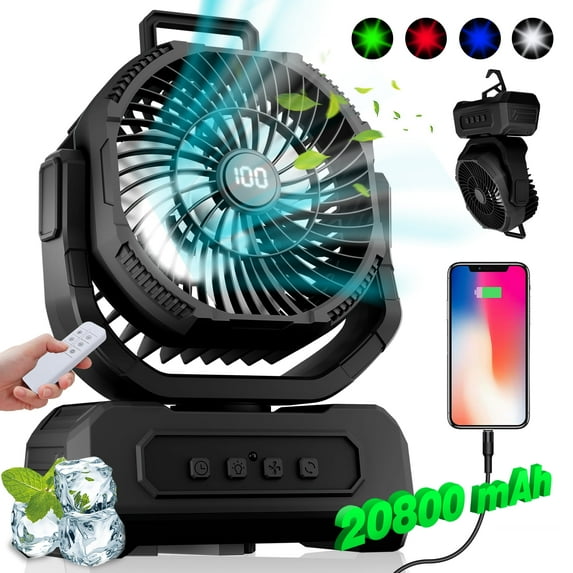 Roykaw 20800mAh Portable Camping Fan, Oscillating Fan, 60 Hrs+ Work Battery Fan with Timer,Power Level Display & Colorful LED Lights, 4 Speeds, Cordless Fan for Fishing, Golfing, Beach