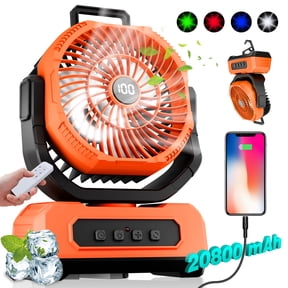 Roykaw Camping Fan 20,800mAh Rechargeable Battery Powered Fan, 60 Hrs+ Work, Oscillating Fan with Battery Level Display, Colorful LED Lights & Timer Function, Fit for Fishing/Tent/Office