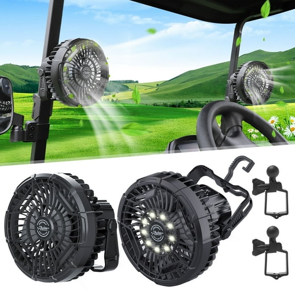 Roykaw Golf Cart Portable Rechargeable Fan Compatible with EZGO Club Car Yamaha, 10400mAh Battery Operated Fan, 3-Gear Speed/LED Lantern, Cordless Fan with Remote/Handle/Hang Hook, 2 Pcs