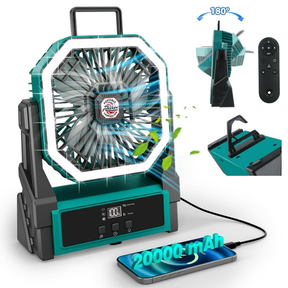 Roykaw Portable Fan Rechargeable 20000 mAH Battery Powered, Cordless Camping Fan, Ultra-bright LED Lights & Display, 36+ Hrs Work, w/Hang Hook, Handle for Travel, Fishing, Golfing, Indoor, Hurricane
