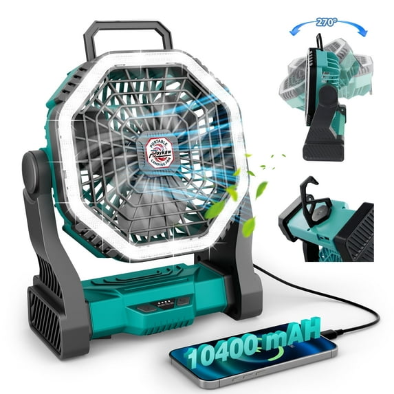 Roykaw Portable Fan for Travel, 10400 mAH Rechargeable Camping Fan, Cordless Battery Powered Fan with Led Light, Battery Fan with Handle, Hang Hook for Tent, Fishing, Hurricane Fan for Bedroom, Green