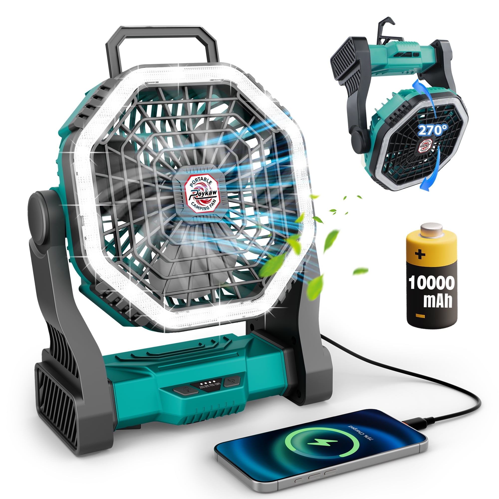 Roykaw Portable Fan for Travel, 10400 mAH Rechargeable Camping Fan, Cordless Battery Powered Fan with Led Light, Battery Fan with Handle, Hang Hook for Tent, Fishing, Hurricane Fan for Bedroom, Green