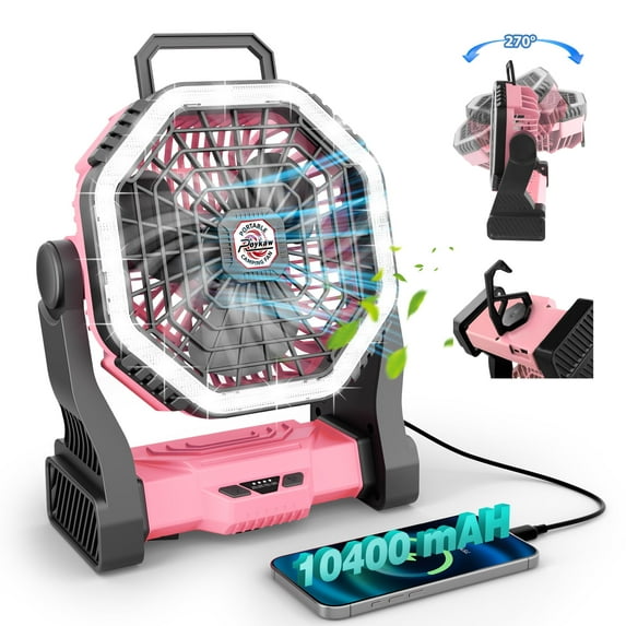 Roykaw Portable Fan for Travel, 10400 mAH Rechargeable Camping Fan, Cordless Battery Powered Fan with Led Light, Battery Fan with Handle, Hang Hook for Tent, Fishing, Hurricane Fan for Bedroom, Pink