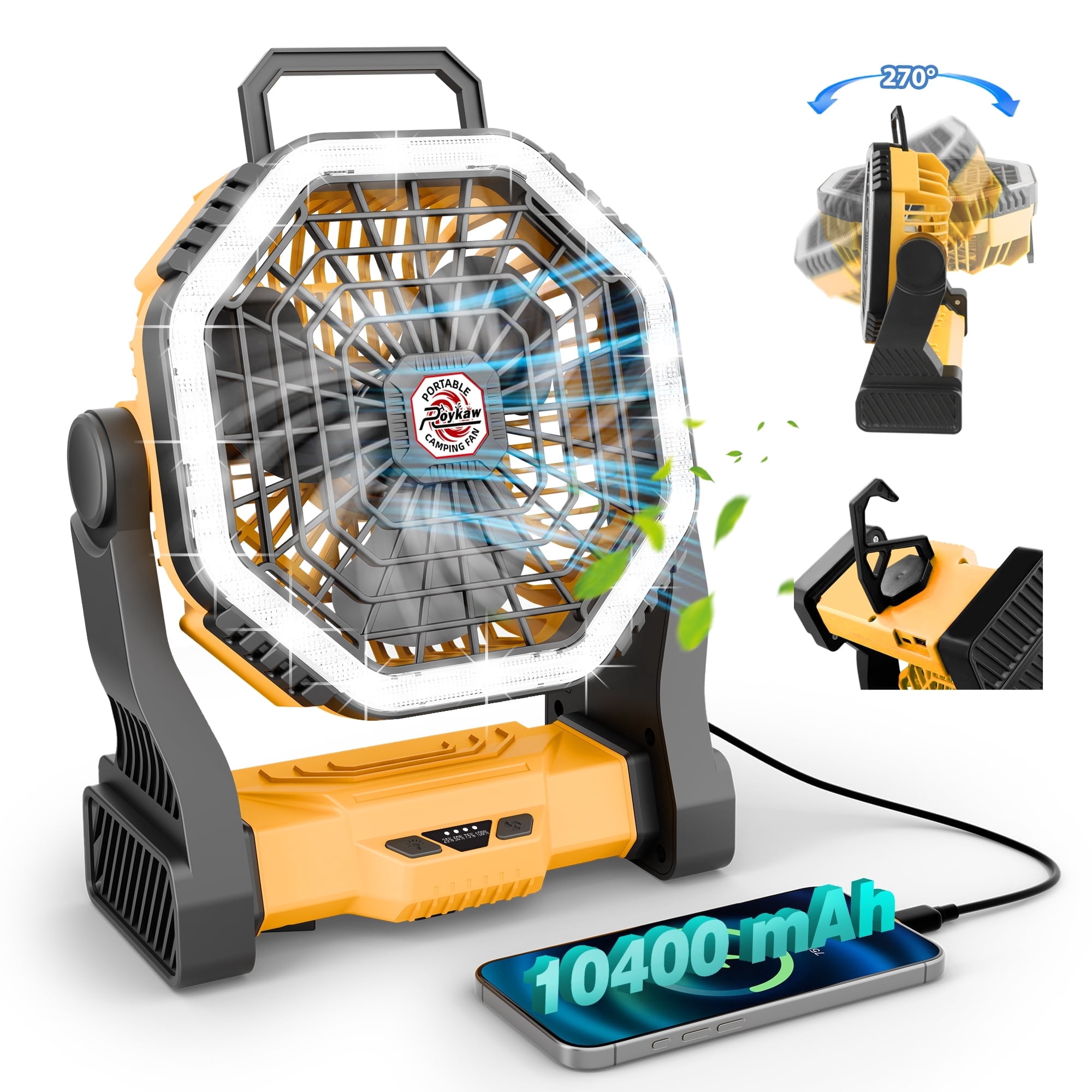 Roykaw Portable Fan for Travel, 10400 mAH Rechargeable Camping Fan, Cordless Battery Powered Fan with Led Light, Battery Fan with Handle, for Tent, Fishing, Hurricane Fan for Bedroom, Yellow