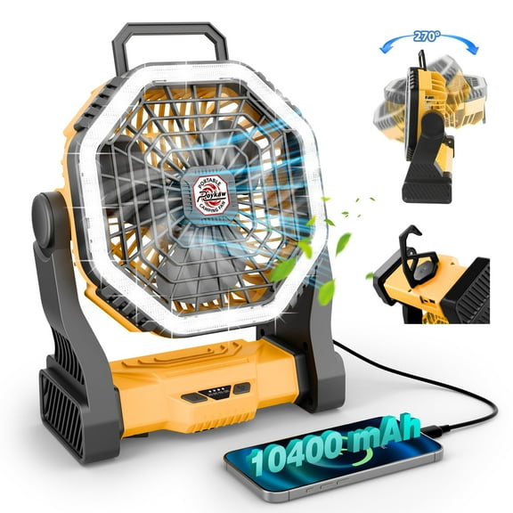 Roykaw Portable Fan for Travel, 10400 mAH Rechargeable Camping Fan, Cordless Battery Powered Fan with Led Light, Battery Fan with Handle, for Tent, Fishing, Hurricane Fan for Bedroom, Yellow