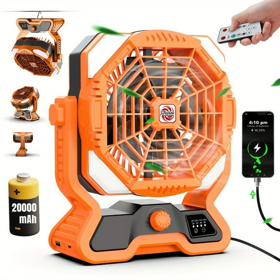 Roykaw Rechargeable Camping Fan w/LED, 20000 mAH Battery Fan, 36 Hrs Work, Cordless Remote Control