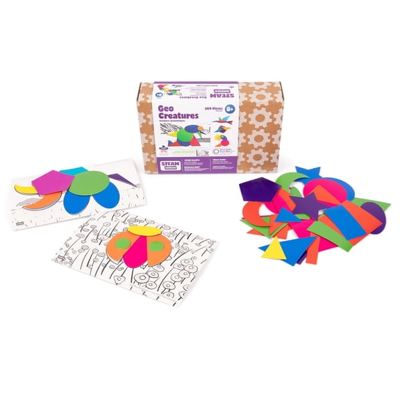 Roylco Steam Geo Creatures - STEM Learning Kit with 348 Geometric Cardstock Shapes & 16 Habitat Cards - Problem Solving Art Activity for Ages 6+ Kids