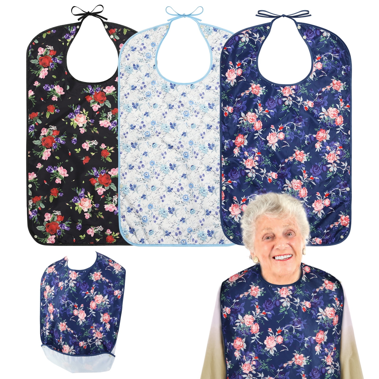 Roylvan 3 Pack Adult Bibs Washable Waterproof Clothing Protector with Eating Crumb Catcher for Women Men Elderly, Prints