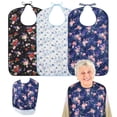 thumbnail image 1 of 3 Pack Adult Bibs Washable Large Waterproof Clothing Protector with Eating Crumb Catcher for Women Men Elderly, Prints, 1 of 8