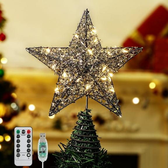Roylvan Christmas Star Tree Topper with 8 Light Modes, 9.84" Tree Topper Decorative Light with 4 Brightness, Black
