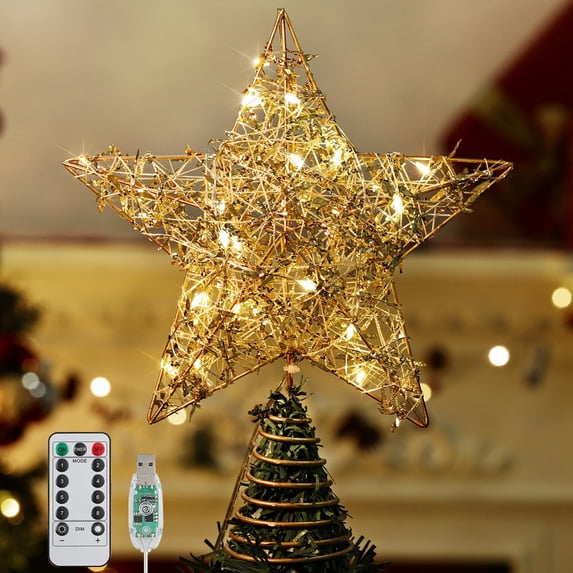 Roylvan Christmas Star Tree Topper with Remote Control, 8 Light Modes, 9.84" Tree Topper Decorative Light, Gold