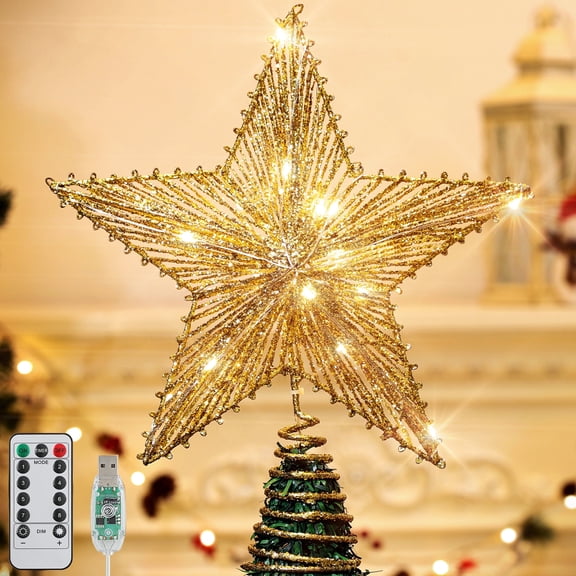 Roylvan Christmas Star Tree Topper with Remote, Timer, 8 Lighting Modes, 11.8" Glitter Tree Toppers Light , Gold