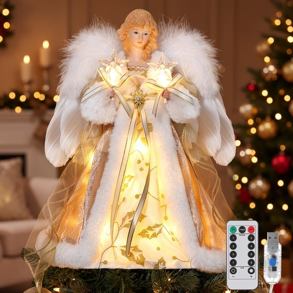 Roylvan Christmas Tree Topper Angel, 12 Inch Lighted Christmas Tree Angel with 8 Modes & Remote Control, 6H/18H Timer, USB Power Indoor Xmas Decorations for Holiday Home Dcor, Champagne Gold