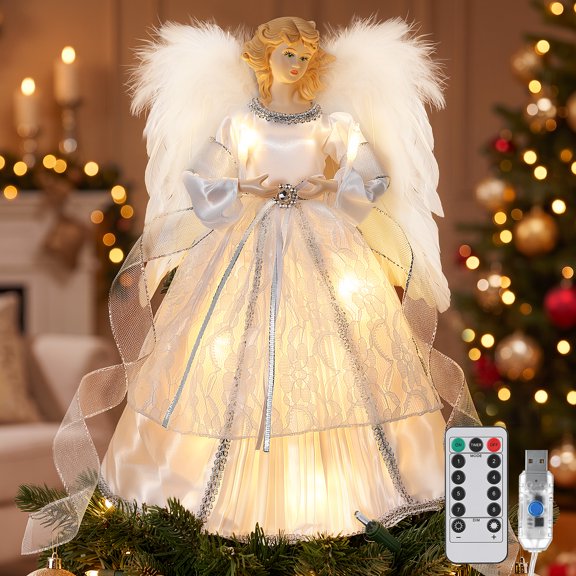 Roylvan Christmas Tree Topper Angel, 12 Inch Lighted Christmas Tree Angel with 8 Modes & Remote Control, 6H/18H Timer, USB Power Indoor Xmas Decorations for Holiday Home Dcor, Lace + Silver
