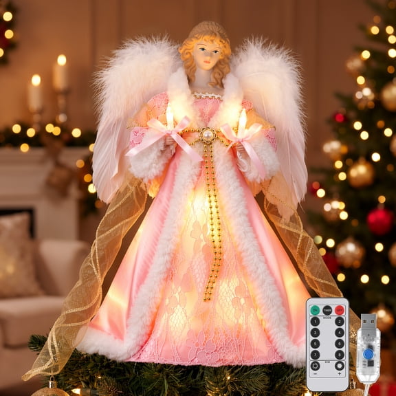 Roylvan Christmas Tree Topper Angel, 12 in Lighted Christmas Tree Angel with 8 Modes & Remote Control, 6H/18H Timer, USB Power Indoor Xmas Decorations for Holiday Home Dcor,