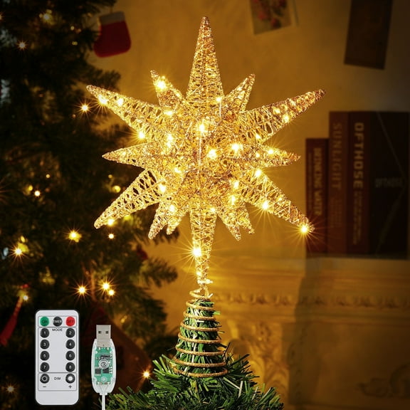 Roylvan Christmas Tree Topper with Remote Control, 60 LED Hexagonal Star Decorative Light, 8 Light Modes & 4 Brightness, Gold