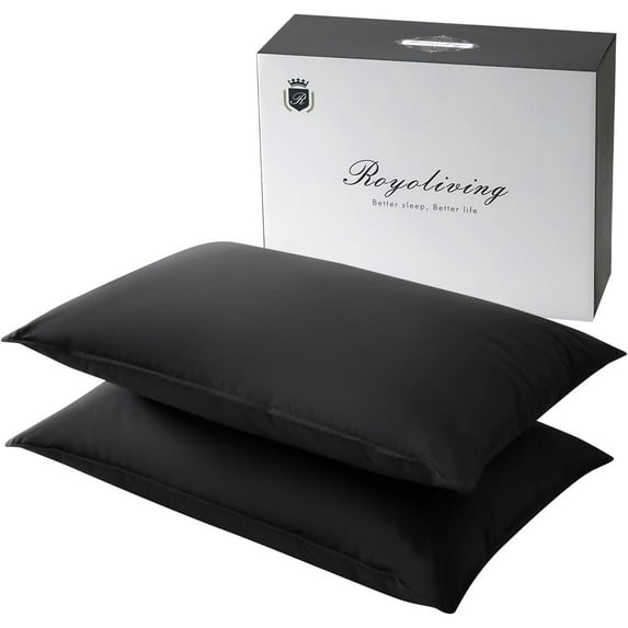 Royoliving Premium Feather Down Bed Pillows for Sleeping Standard Size Pack of 2 - 100% Cotton Fabric, Medium Firm, Soft Support Surround (Charcoal Grey, 26"×20")