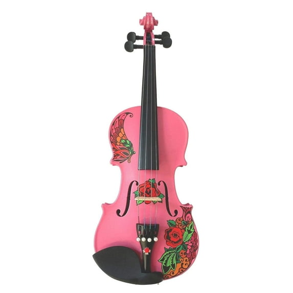 Rozanna's Violins Butterfly Rose Tattoo Pink Glitter Violin w/ Brazilwood Bow, Case, Crystal Fine Tuners, Rosin, Strings, Set-Up