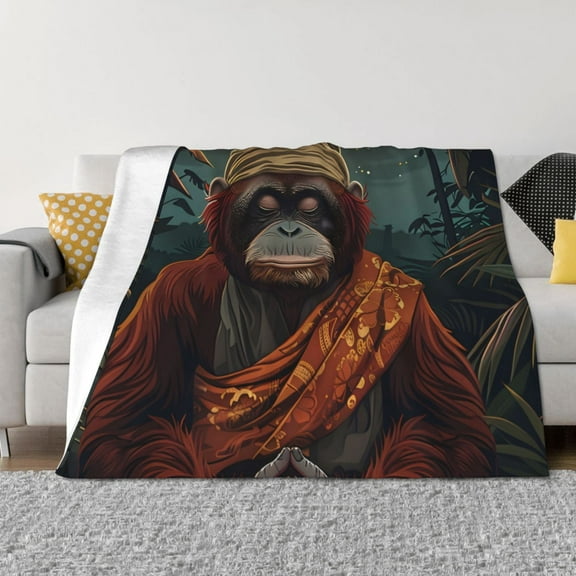 Rozeui Banana Leaf Meditating Gorilla for Flannel Blanket, Soft Fuzzy Plush King Blanket for Winter, Thick and Warm All-Season Bed Throw-40"x30"