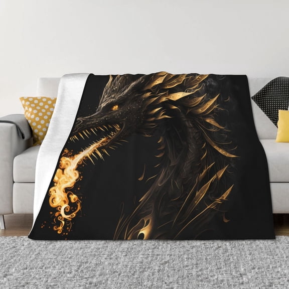 Rozeui Black And Gold Fire Dragon for Flannel Blanket, Soft Fuzzy Plush King Blanket for Winter, Thick and Warm All-Season Bed Throw-40"x30"