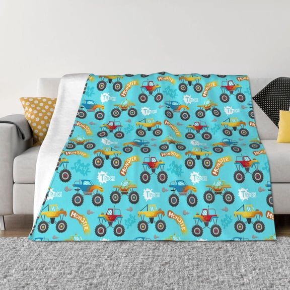 Rozeui Cartoon Monster Truck for Flannel Blanket, Soft Fuzzy Plush King Blanket for Winter, Thick and Warm All-Season Bed Throw-40"x30"