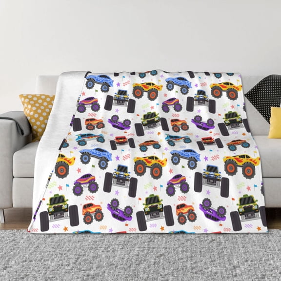 Rozeui Cartoon Monster Trucks1 for Flannel Blanket, Soft Fuzzy Plush King Blanket for Winter, Thick and Warm All-Season Bed Throw-50"x40"