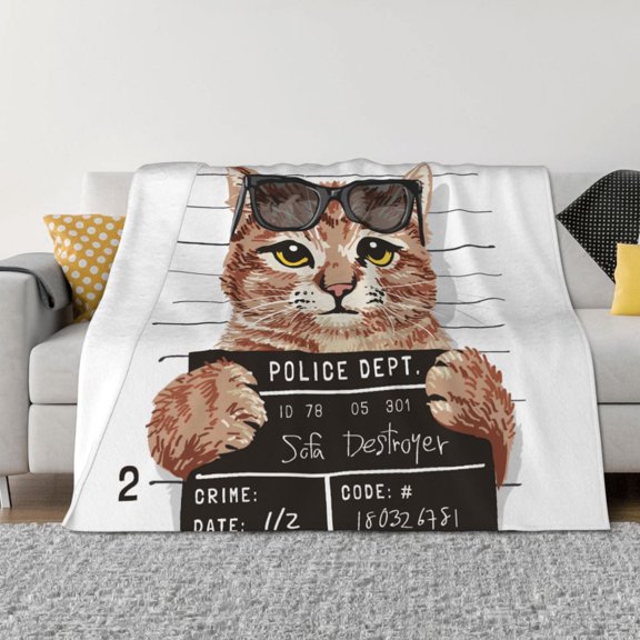 Rozeui Cat Holding Mugshot Sign for Flannel Blanket, Soft Fuzzy Plush King Blanket for Winter, Thick and Warm All-Season Bed Throw-40"x30"