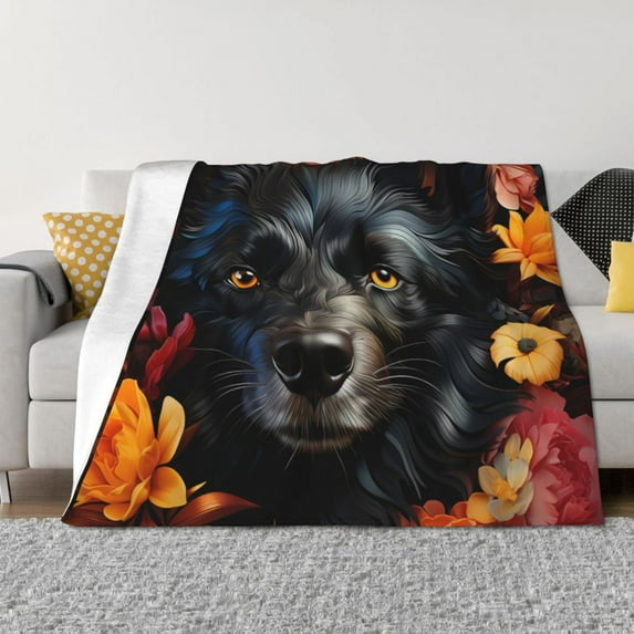 Rozeui Colorful Floral Black Dog for Flannel Blanket, Soft Fuzzy Plush King Blanket for Winter, Thick and Warm All-Season Bed Throw-50"x40"