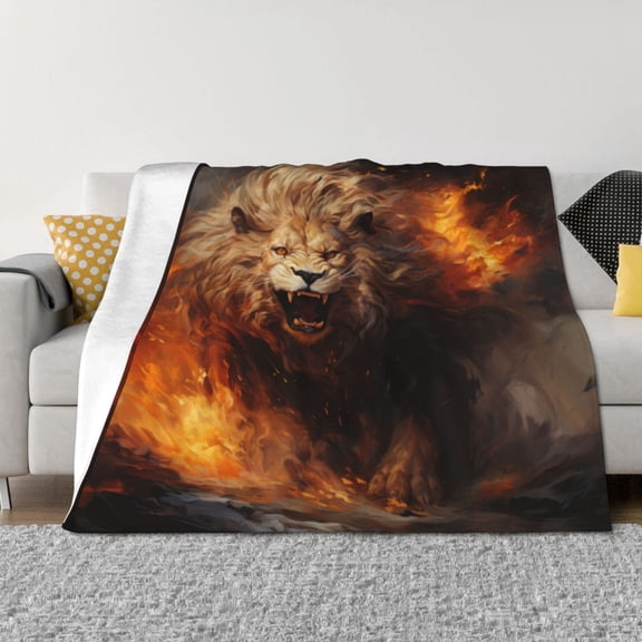 Rozeui Cool Fire Lion for Flannel Blanket, Soft Fuzzy Plush King Blanket for Winter, Thick and Warm All-Season Bed Throw-50"x40"