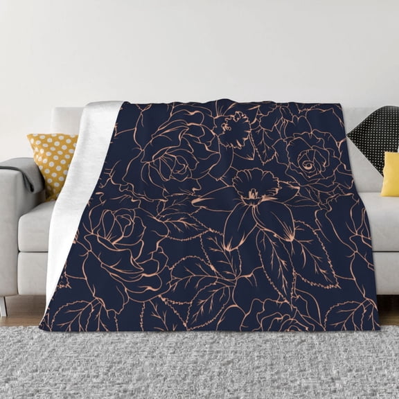 Rozeui Copper-Gold Gloss Outline Flower for Flannel Blanket, Soft Fuzzy Plush King Blanket for Winter, Thick and Warm All-Season Bed Throw-40"x30"
