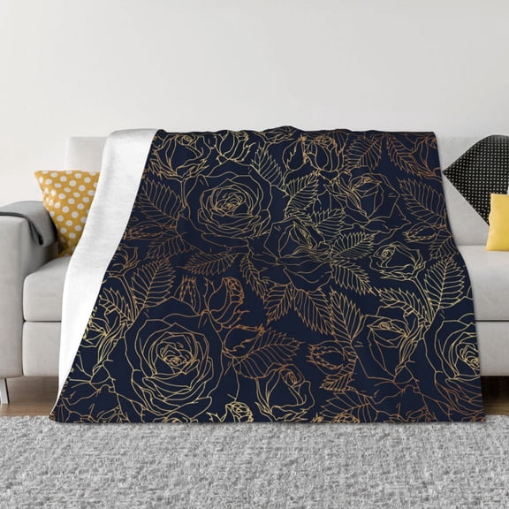 Rozeui Copper-Gold Gloss Outline Rose for Flannel Blanket, Soft Fuzzy Plush King Blanket for Winter, Thick and Warm All-Season Bed Throw-50"x40"