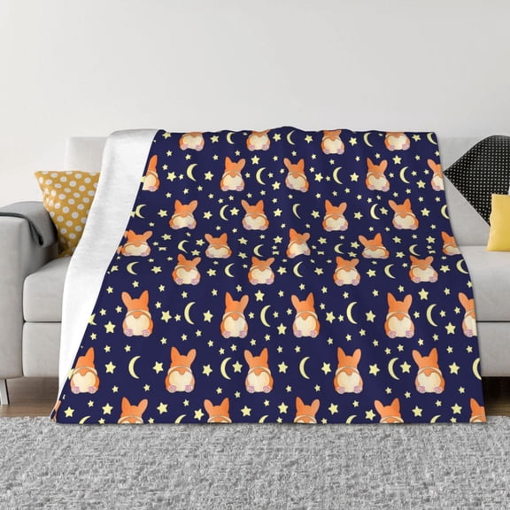 Rozeui Corgi Lying With Moons And Stars for Flannel Blanket, Soft Fuzzy Plush King Blanket for Winter, Thick and Warm All-Season Bed Throw-40"x30"