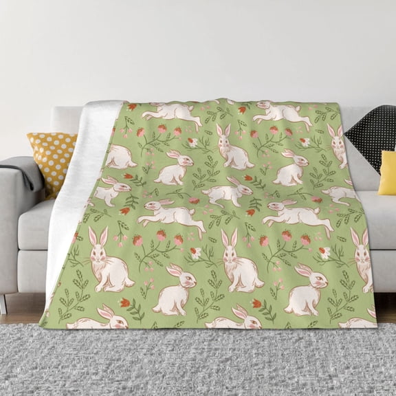 Rozeui Cute Rabbit And Flower for Flannel Blanket, Soft Fuzzy Plush King Blanket for Winter, Thick and Warm All-Season Bed Throw-50"x40"