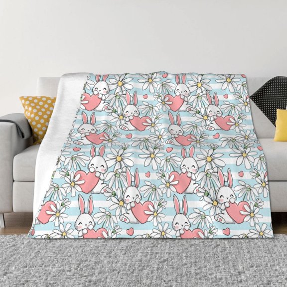 Rozeui Cute Rabbit And Heart for Flannel Blanket, Soft Fuzzy Plush King Blanket for Winter, Thick and Warm All-Season Bed Throw-50"x40"