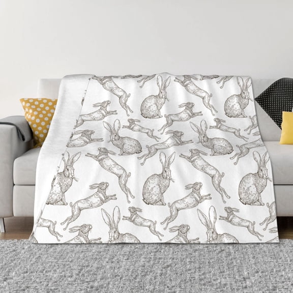 Rozeui Hand Drawn Rabbit for Flannel Blanket, Soft Fuzzy Plush King Blanket for Winter, Thick and Warm All-Season Bed Throw-50"x40"