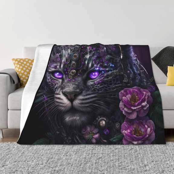 Rozeui Purple-Eyed Floral Leopard for Flannel Blanket, Soft Fuzzy Plush King Blanket for Winter, Thick and Warm All-Season Bed Throw-40"x30"