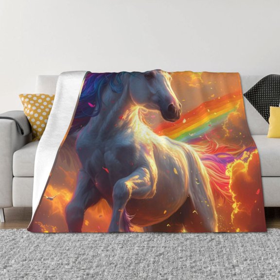 Rozeui Rainbow Sunset Cloud White Horse for Flannel Blanket, Soft Fuzzy Plush King Blanket for Winter, Thick and Warm All-Season Bed Throw-40"x30"