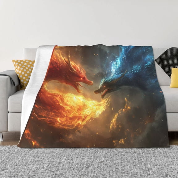 Rozeui Red And Blue Fire Dragon B for Flannel Blanket, Soft Fuzzy Plush King Blanket for Winter, Thick and Warm All-Season Bed Throw-50"x40"