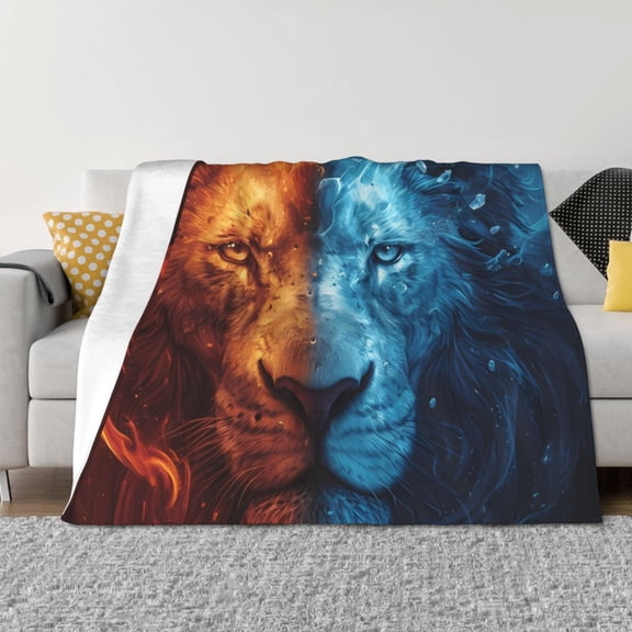 Rozeui Red And Blue Fire Lion for Flannel Blanket, Soft Fuzzy Plush King Blanket for Winter, Thick and Warm All-Season Bed Throw-40"x30"