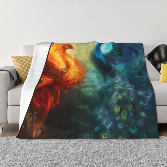 Rozeui Red And Blue Fire Peacock for Flannel Blanket, Soft Fuzzy Plush King Blanket for Winter, Thick and Warm All-Season Bed Throw-50"x40"