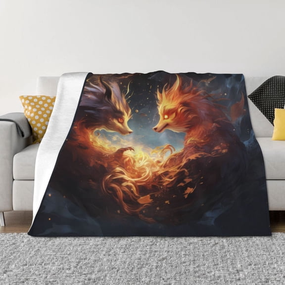 Rozeui Red And Gray Flame Fox for Flannel Blanket, Soft Fuzzy Plush King Blanket for Winter, Thick and Warm All-Season Bed Throw-40"x30"