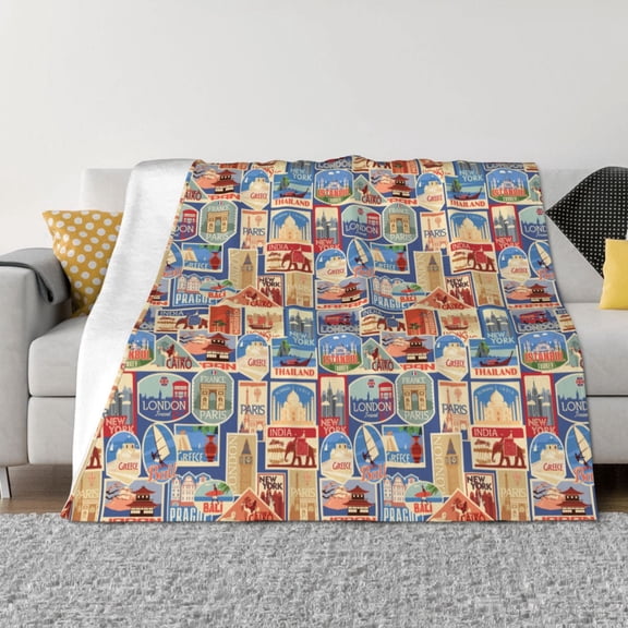 Rozeui Set Of Travel Vintage for Flannel Blanket, Soft Fuzzy Plush King Blanket for Winter, Thick and Warm All-Season Bed Throw-40"x30"