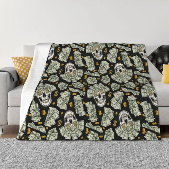 Rozeui Skull with Dollar for Flannel Blanket, Soft Fuzzy Plush King Blanket for Winter, Thick and Warm All-Season Bed Throw-40"x30"