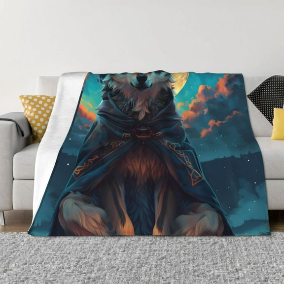 Rozeui Starry Sky Moon Wolf Leader for Flannel Blanket, Soft Fuzzy Plush King Blanket for Winter, Thick and Warm All-Season Bed Throw-40"x30"