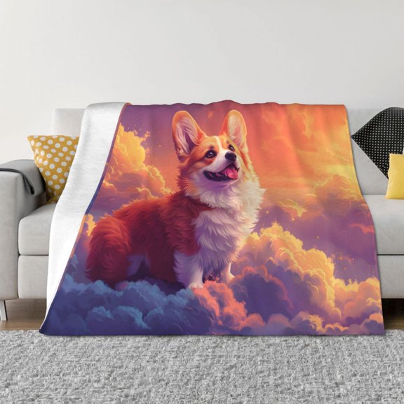Rozeui Sunset Cloud Corgi for Flannel Blanket, Soft Fuzzy Plush King Blanket for Winter, Thick and Warm All-Season Bed Throw-40"x30"