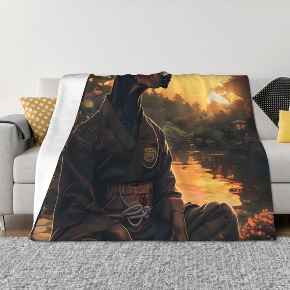 Rozeui Sunset Meditating Doberman for Flannel Blanket, Soft Fuzzy Plush King Blanket for Winter, Thick and Warm All-Season Bed Throw-40"x30"