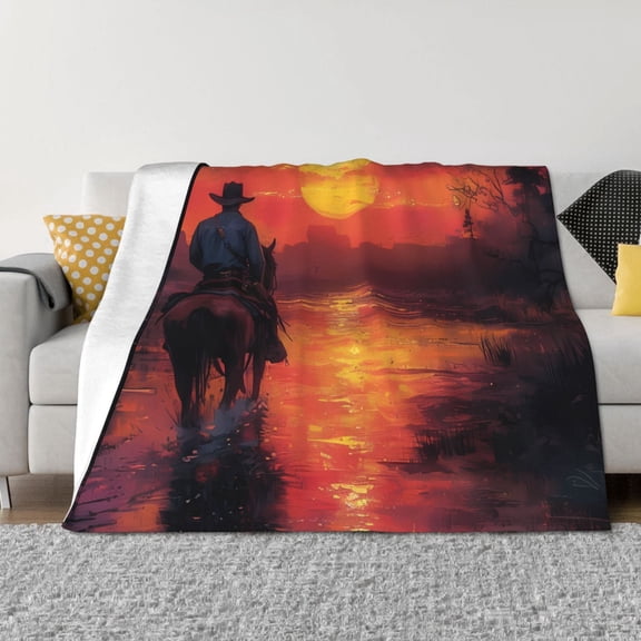 Rozeui Sunset River Western Cowboy for Flannel Blanket, Soft Fuzzy Plush King Blanket for Winter, Thick and Warm All-Season Bed Throw-40"x30"
